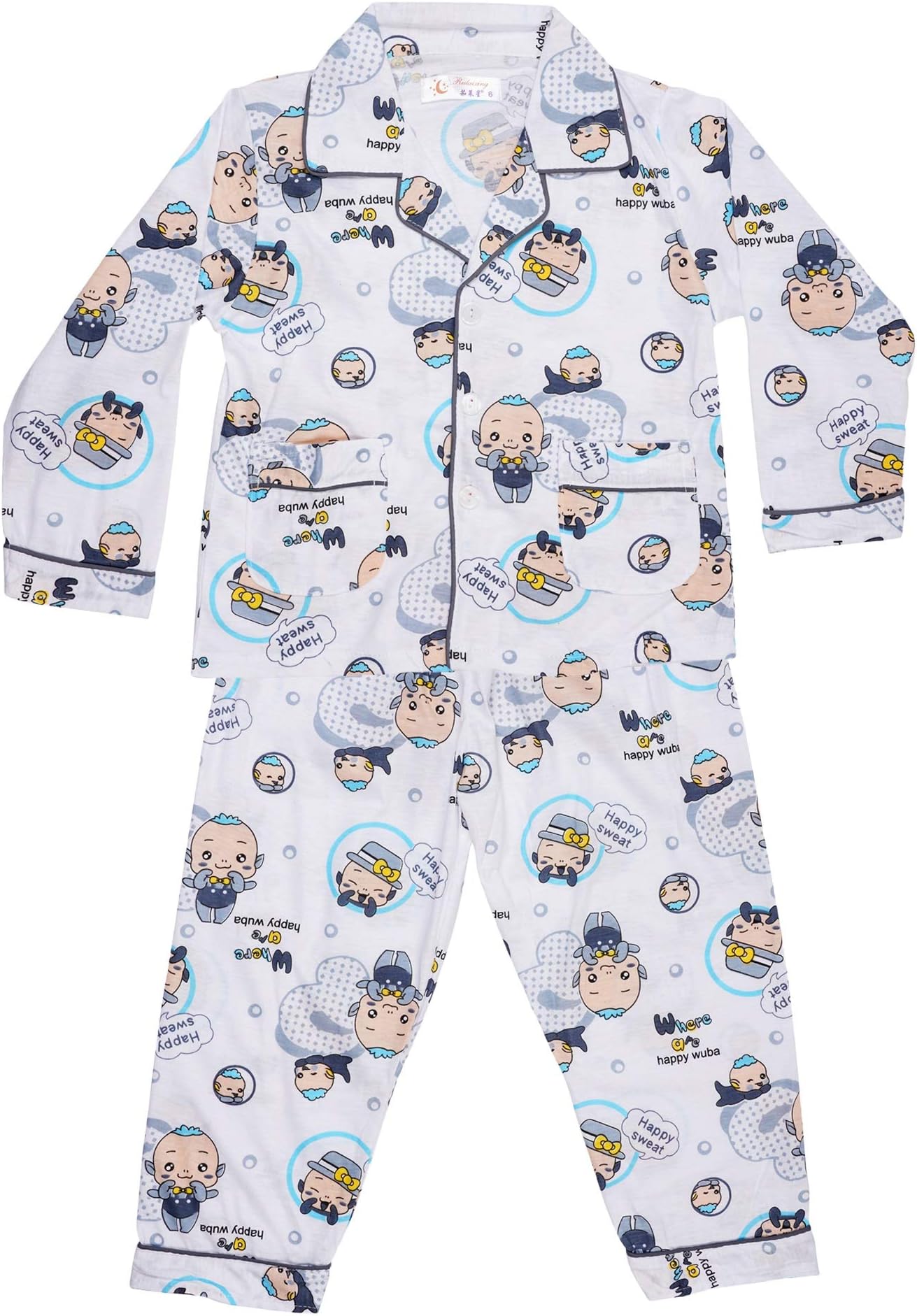 ICABLE Baby Boys and Girls Cotton Cartoon Print Night Shirt and Pyjama Set (GreyHappySweat, 6-7 Years)