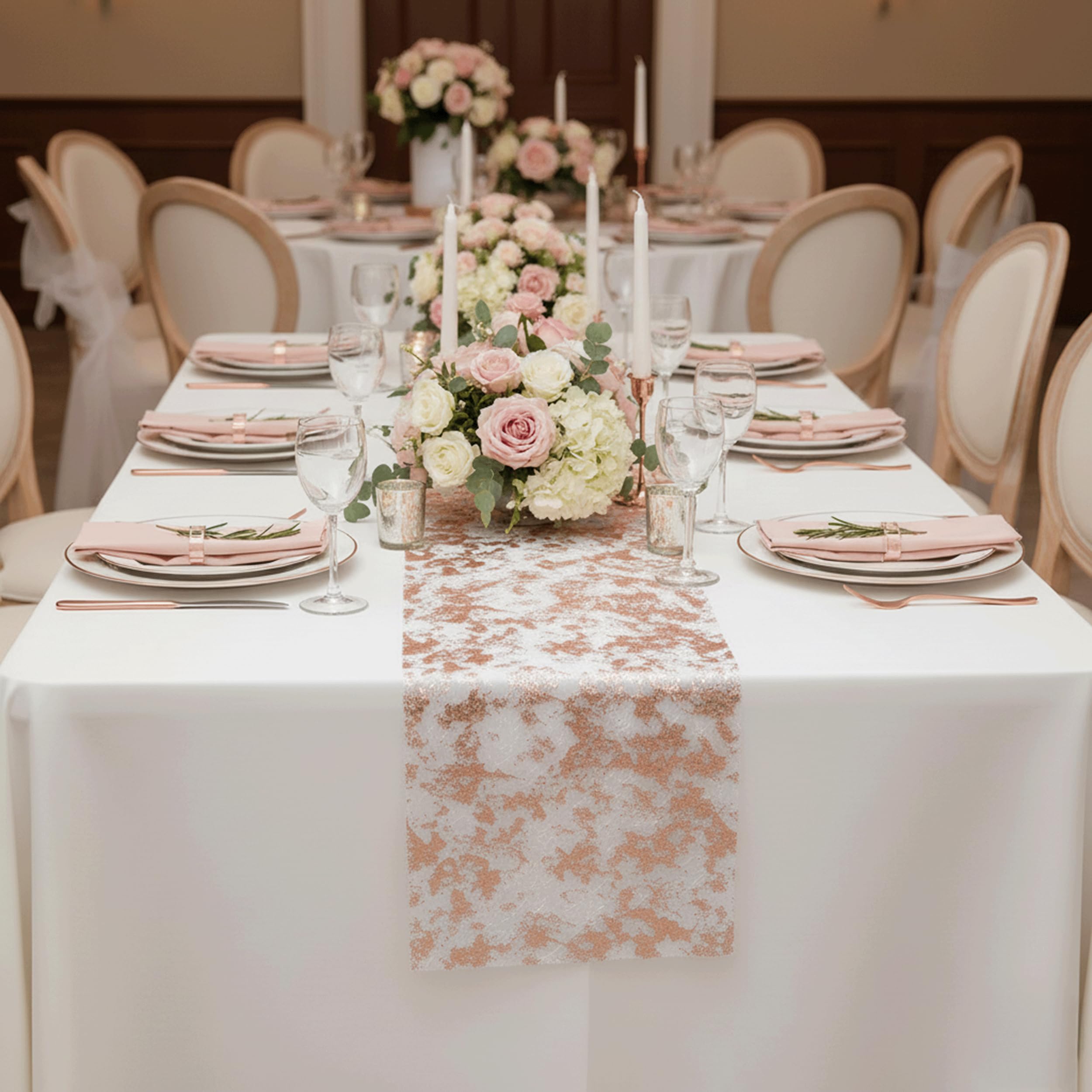 PapaKit Sparkle Metallic Rose Gold Thin Table Runner 11"x84", Pack of 2 for Holidays, Wedding, Parties and Everyday Decoration
