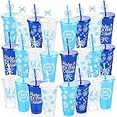 Yoiemivy 24 Pack Winter Plastic Cups Bulk 24 oz Reusable Snowflake Tumbler with Lids and Straws Holiday Party Christmas Drinking Cups for Holiday Party Favors Supplies