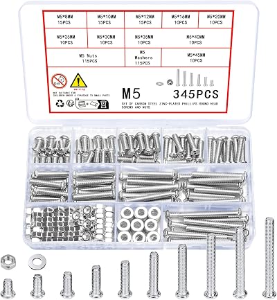 Vwoqiy 345 Pcs M5 Screw Set Pan Head Bolts Nuts Washers Galvanized