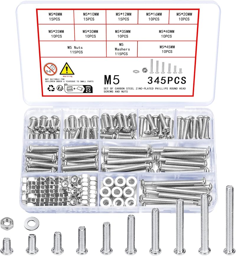 Vwoqiy 345 Pcs M5 Screw Set Pan Head Bolts Nuts Washers Galvanized