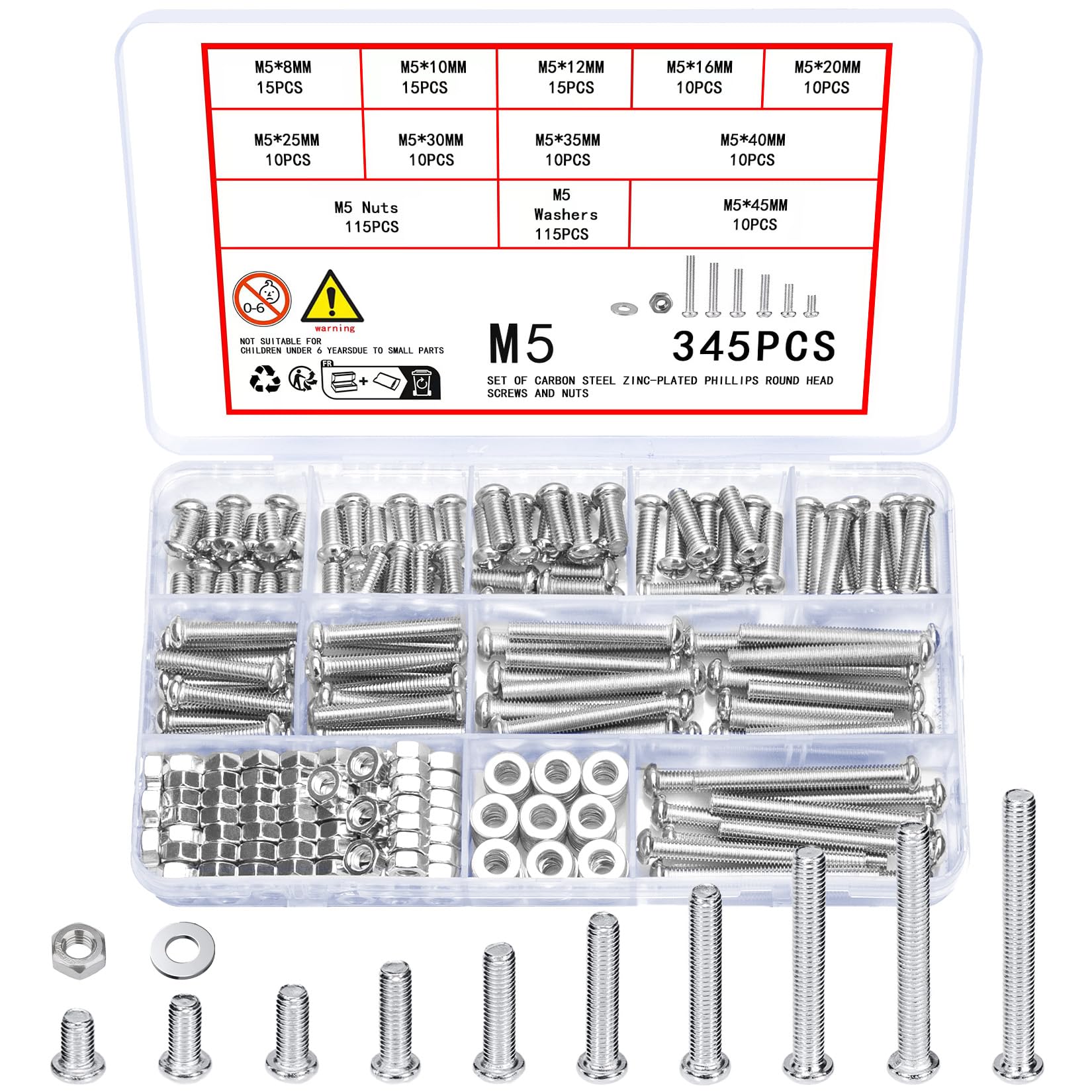 Vwoqiy 345 Pcs M5 Screws Set, Pan Head Machine Screws Bolts and Nuts and Washers Assortment Kit, Assorted Galvanized Round Head Cross Pan Head Screws Bolts and Nuts Sets (silvery 345) — image 1