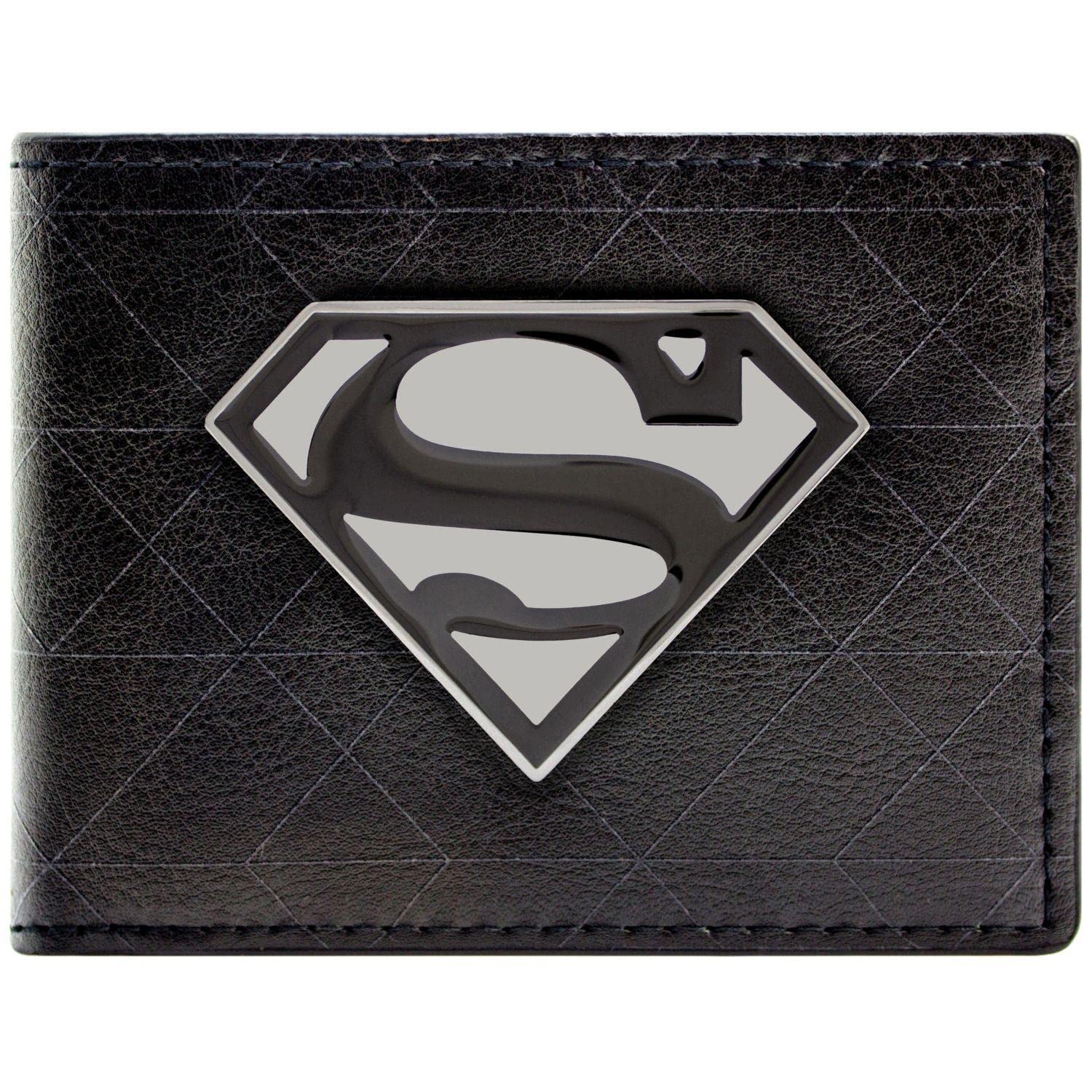 Man of Steel Superman Hope Silver Metal Badge Black ID and Card Bi-Fold Wallet, One Size
