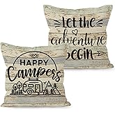 HUYAW Camping-Themed Decorative Throw Pillow Covers, 2 x 18" x 18" Beige Cotton Linen Blend, Rustic Letter Print, Perfect for Home Decor, Camping, Camper Gifts
