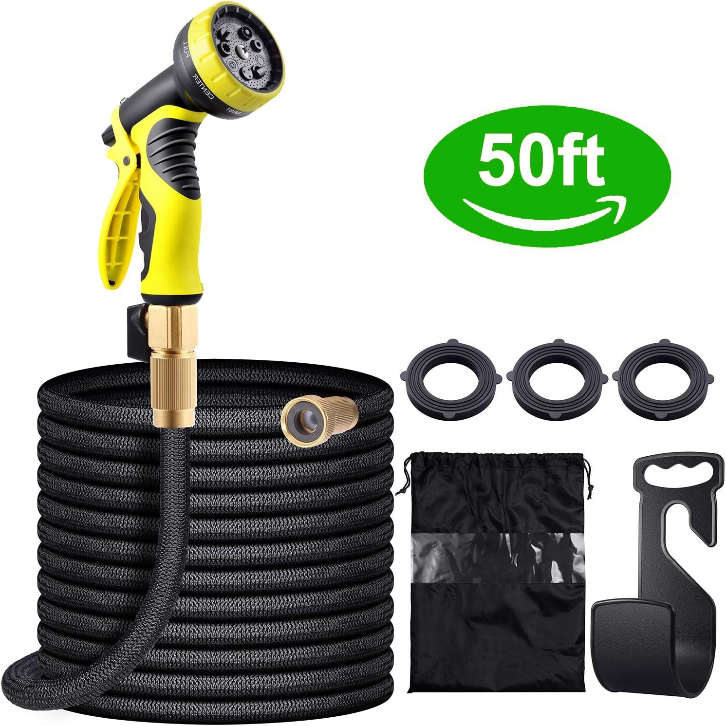 50FT Expandable Garden Water Hose with 9 Function Spray Gun, Triple