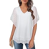 Furnex Blouses for Women Dressy Casual,Double Layers Mesh Elegant Summer Blouses,Short Sleeve V Neck Women's Tunic Tops