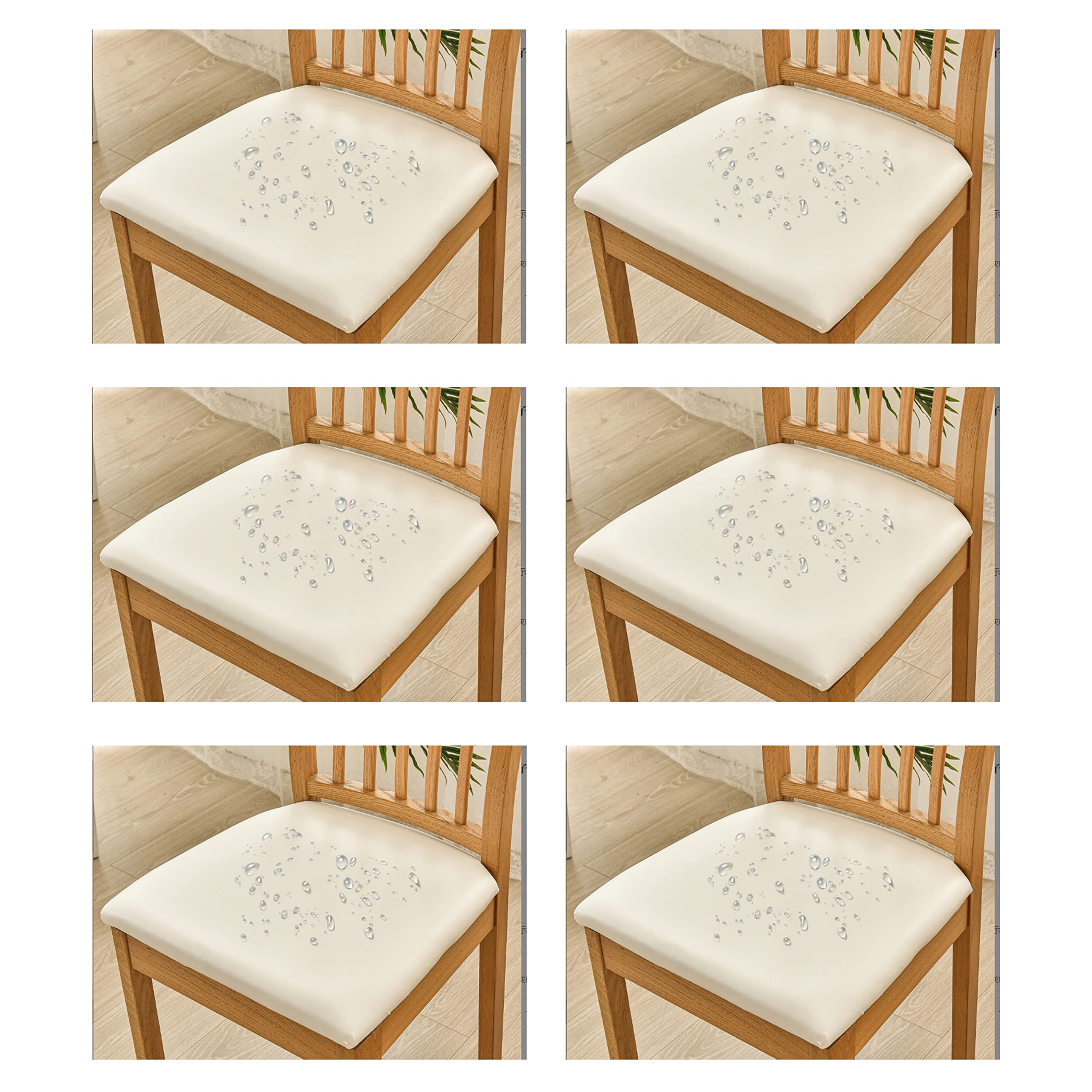 qiden Chair Seat Covers Set Of 2/4/6 PU Cushion Cover For Dining Chair Waterproof Chair Seat Slipcovers Parsons leather seat covers Seat Slipcover-Creamy-white-Pack of 6 (36-48cm)
