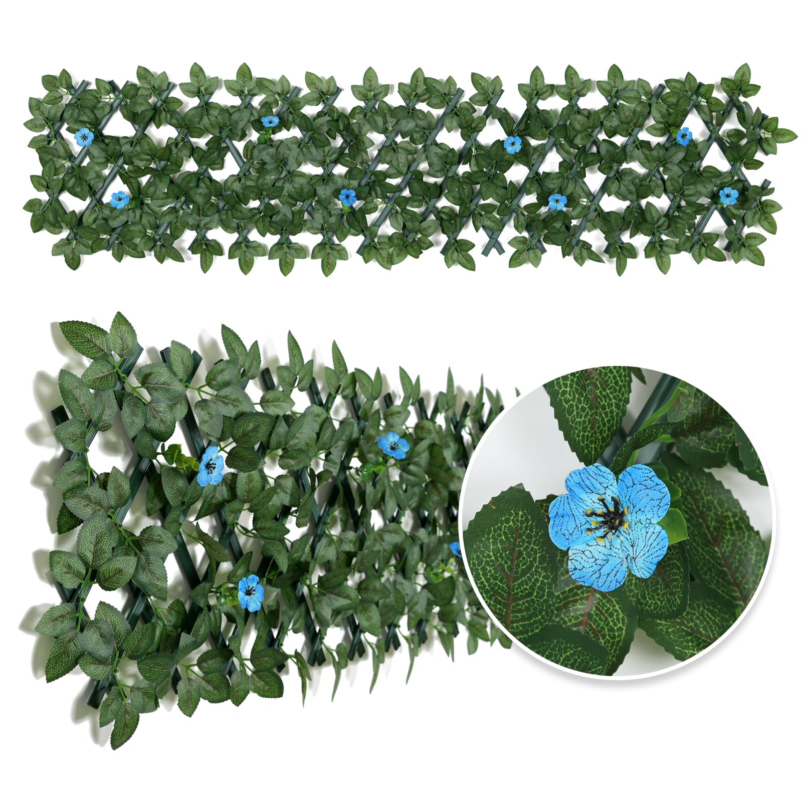 Expandable Garden Fence Screening Panels with Flower - Privacy Screen | Faux Ivy Greenery | Balcony - 200x30cm (Blue Flower)