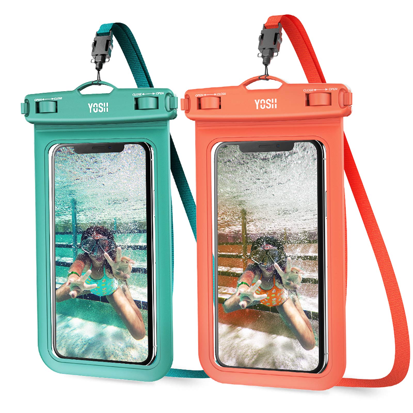 YOSH IPX8 Waterproof Phone Case 2 Pack, Underwater Phone Pouch Dry Bag for Swimming Raining Dustproof for iPhone 17 16 15 14 13 12 Pro Max Samsung S26 S25 S24 S23 up to 7.0 inches- Green and Orange