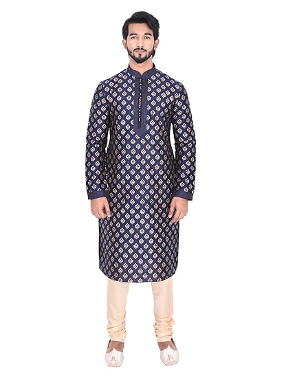 Men's Blue Full Sleeve Regular Fit Self-Designed Kurta & Churidar Set