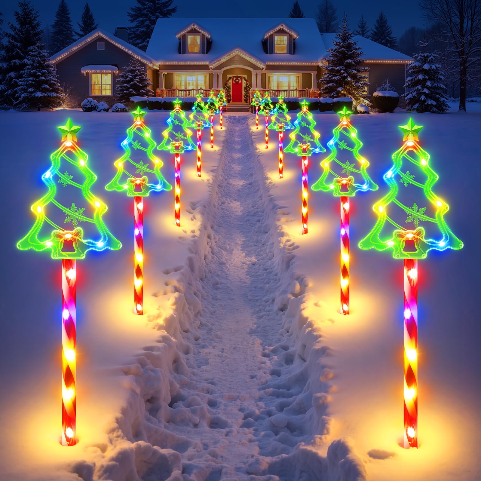 Photo 1 of 12 Pack Christmas Decorations Outdoor, Solar Christmas Tree Lights with 156 Bright LED and 10 Lighting Modes, 7 Colorful Waterproof Xmas Decor for Pathway Yard