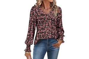 onlypuff Womens Tunic Tops V Neck Puff Long Sleeve T-Shirt Pleated Blouse Shirts Dressy S-XXXL