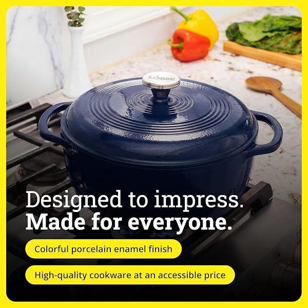 LODGE ESSENTIAL ENAMEL CAST IRON DUTCH OVEN 6 QUARTS – PERFECT FOR BREAD BAKING, BRAISING, MARINATING & SLOW COOKING, FEATURES MOISTURE-SEALING LID & DUAL HANDLES, KITCHEN ESSENTIALS, INDIGO