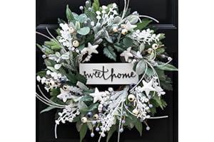 SOOMEIR Winter Wreaths for Front Door 24 Inch Winter Wreath with Stars, Pinecones, Berries & Wooden Sign, Winter Door Wreath Indoor & Outdoor Holiday Décor, Frosted Snowy Decoration