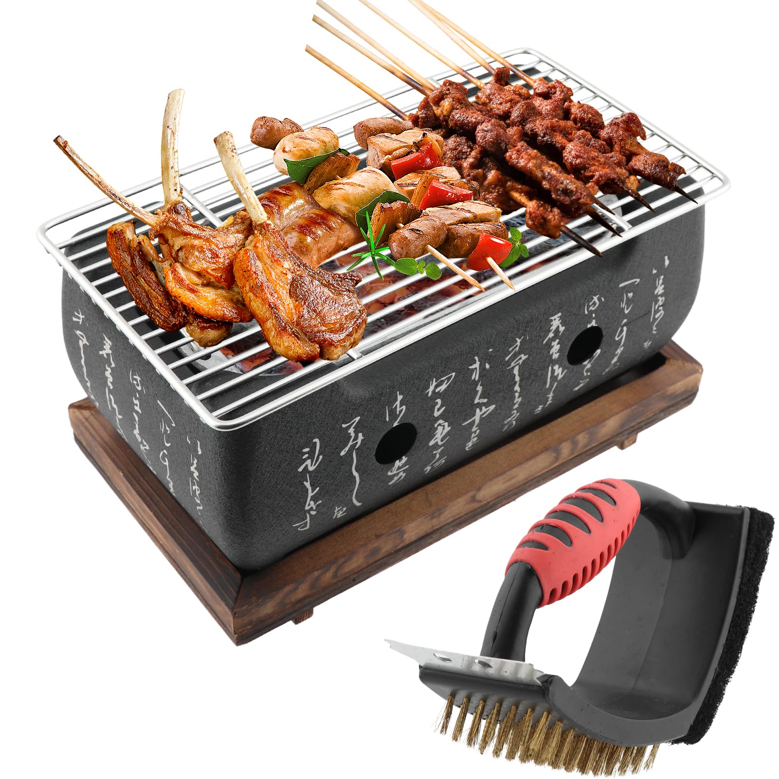 Table Top Charcoal BBQ Grill - Japanese Style With Cleaning Brush, Mini Portable Cooking Stove, Plate, Party Accessories and Barbecue Tools