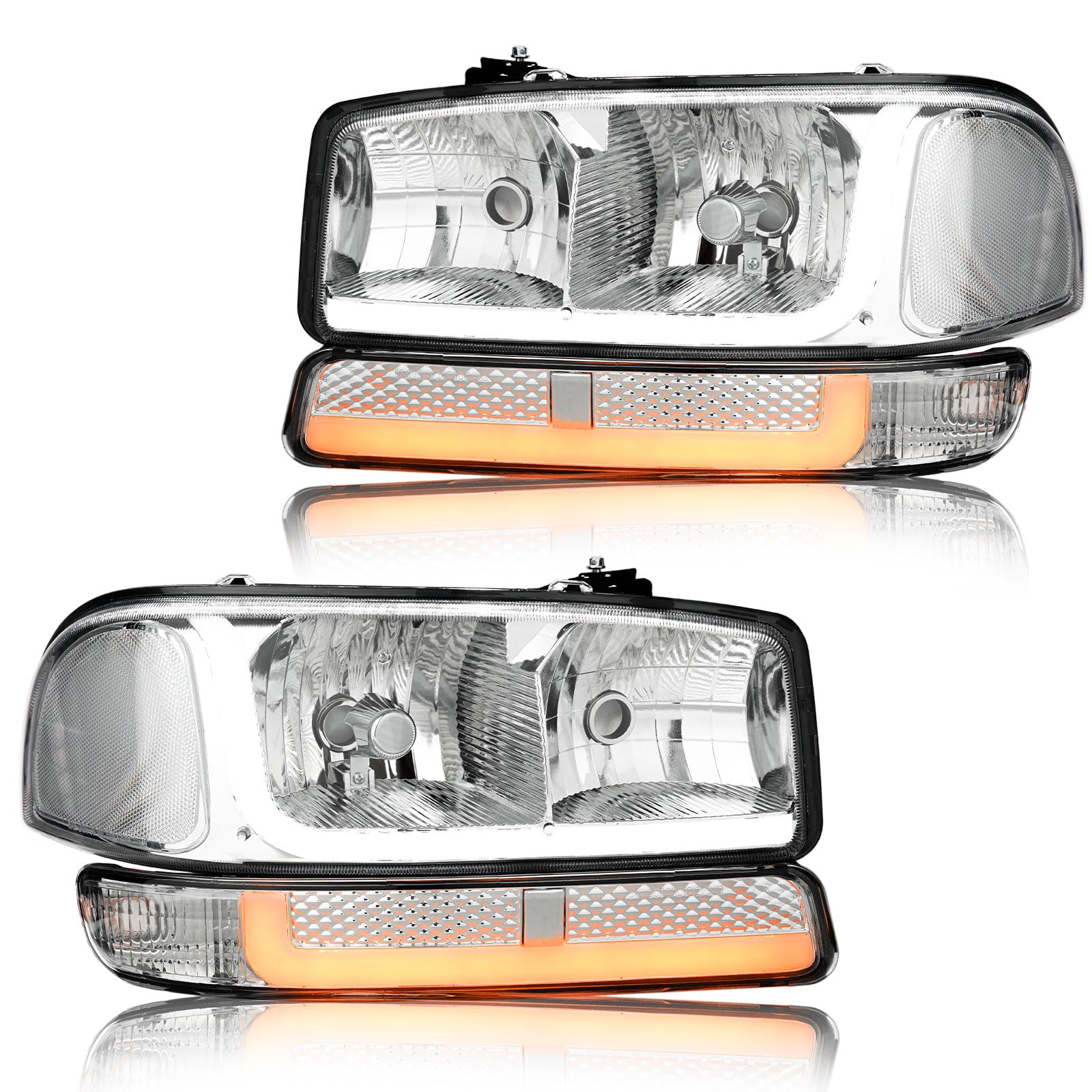 Photo 1 of **Used & Minor Damage**
DimFlux LED DRL Headlight, Headlights Replacement Compatible with 1999 2000 2001 2002 2003 2004 2005 2006 2007 GMC Sierra, Fit 1999-2006 GMC Yukon Headlamp Assembly Kit Chrome Housing Clear Reflector
