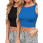 AURUZA 2Pcs Crop Tank Tops for Women, Halter Neck Cropped Tank Top, Racerback Sleeveless Workout Top Athletic Shirt Summer Clothes (Black+Blue, M)