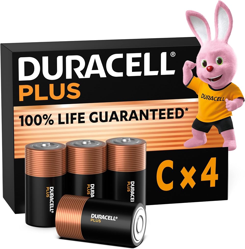 Duracell Plus C Batteries 4 Pack Alkaline 1.5V 10 Year Storage MN1400