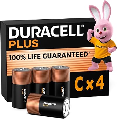 Duracell Plus C Batteries 4 Pack Alkaline 1.5V 10 Year Storage MN1400