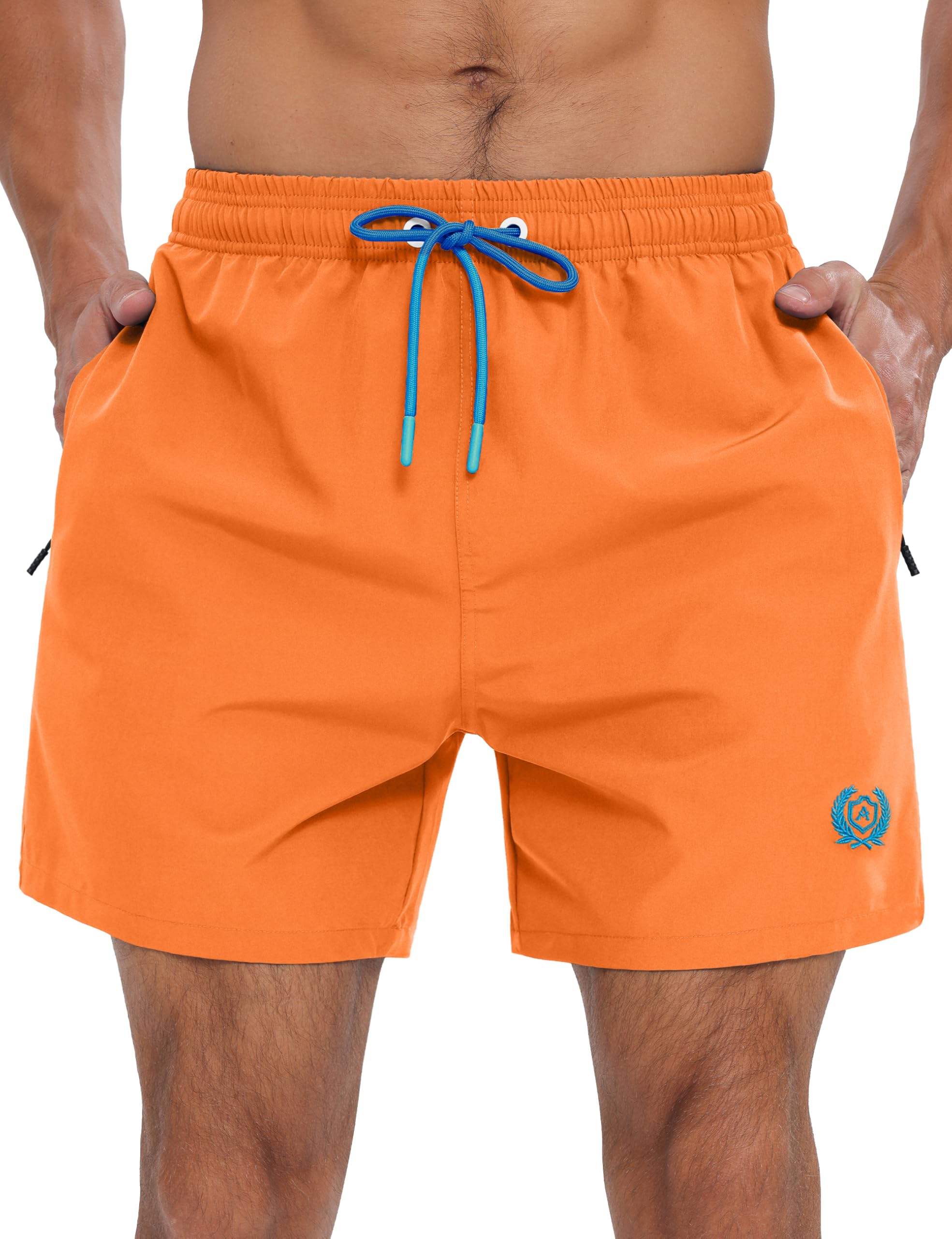 APTRO Herren Badehosen Schnelltrocknend Boardshorts Reißverschlusstaschen Badeshorts mit Mesh-Futter Einfarbig Sport Shorts Orange L