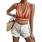 SHENHE Women's Striped Halter Tie Back Sleeveless Backless Knitted Crop Top Orange XL