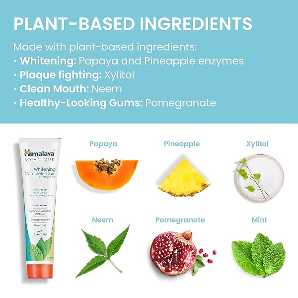 HIMALAYA BOTANIQUE WHITENING COMPLETE CARE TOOTHPASTE, TEETH WHITENING, FIGHTS PLAQUE, FLUORIDE FREE, NO ARTIFICIAL FLAVORS, SLS FREE, CRUELTY FREE, FOAMING, SIMPLY MINT FLAVOR, 5.29 OZ, 4 PACK