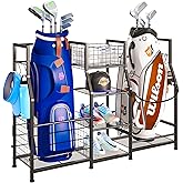 Sonyabecca Golf Bag Stand Golf Storage Organizer for Garage with Basket and Hooks, Storage Rack for 2 Golf Bag, Golf Gift for Men Sports Equipment Organizer, Two Assembly Methods