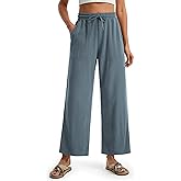 Libin Women Linen Pants Wide Leg Side Slit Ankle Pants High Waist Drawstring Casual Palazzo Loose Beach Pant Cropped Trousers