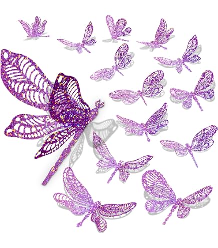 60-Pack 3D Iridescent Dragonfly Wall Decor Stickers – Glitter Silver Holographic Removable Art For Girls Rooms, Birthday Parties, & Cake Decor – Purple