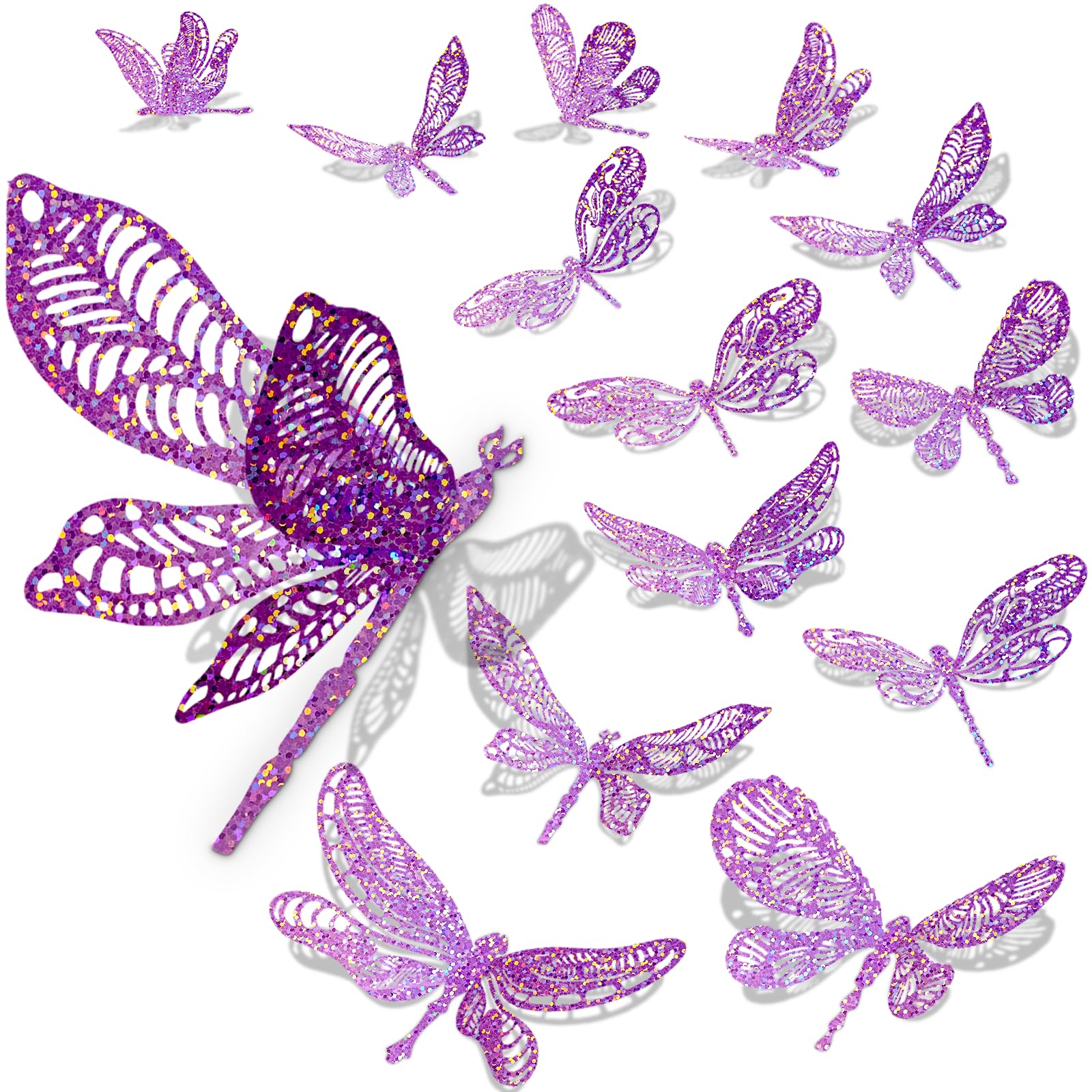 Photo 1 of 60 Pcs 3D Sequined Iridescent Dragonfly Wall Decor Stickers,Removable Glitter Silver Stickers 3 Sizes, Holographic Wall Art for Birthday Bloom Baby Shower Party Cake Girls Room Decorations(Purple)