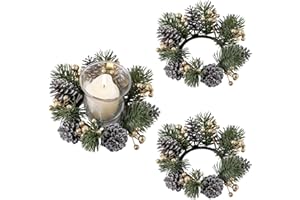 HAYOOHA 2 Pieces Christmas Candle Rings Wreaths,Artificial Flower Gold Berries Pinecones Snowy Pine Wreaths,Christmas Wedding Winter Candle Holders,Xmas Garland Home Table Centerpieces Decorations