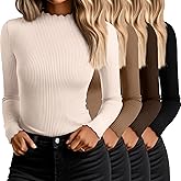 Neer 4 Pack Women's Mock Turtleneck Tops Cotton Long Sleeve Ribbed Lettuce Trim Shirts Slim Fit Casual Fall Basic Tees(Cream, Cookie, Mocha, Black,Small)