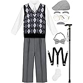 Gnodio 100 Days of School Costume for Boys Old Man Costume for Kids 100th Day of School Grandpa Dress up Outfit Accessories