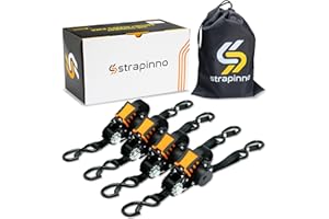 Strapinno Retractable Ratchet Straps - 1 in x 12 ft Heavy Duty Tie Downs, 1800lbs Breaking Strength Each, S Hooks with Safety Clip, AutoRetract, for Moving, Motorcycle, Boat, Kayak, and Cargo (4 PCS)
