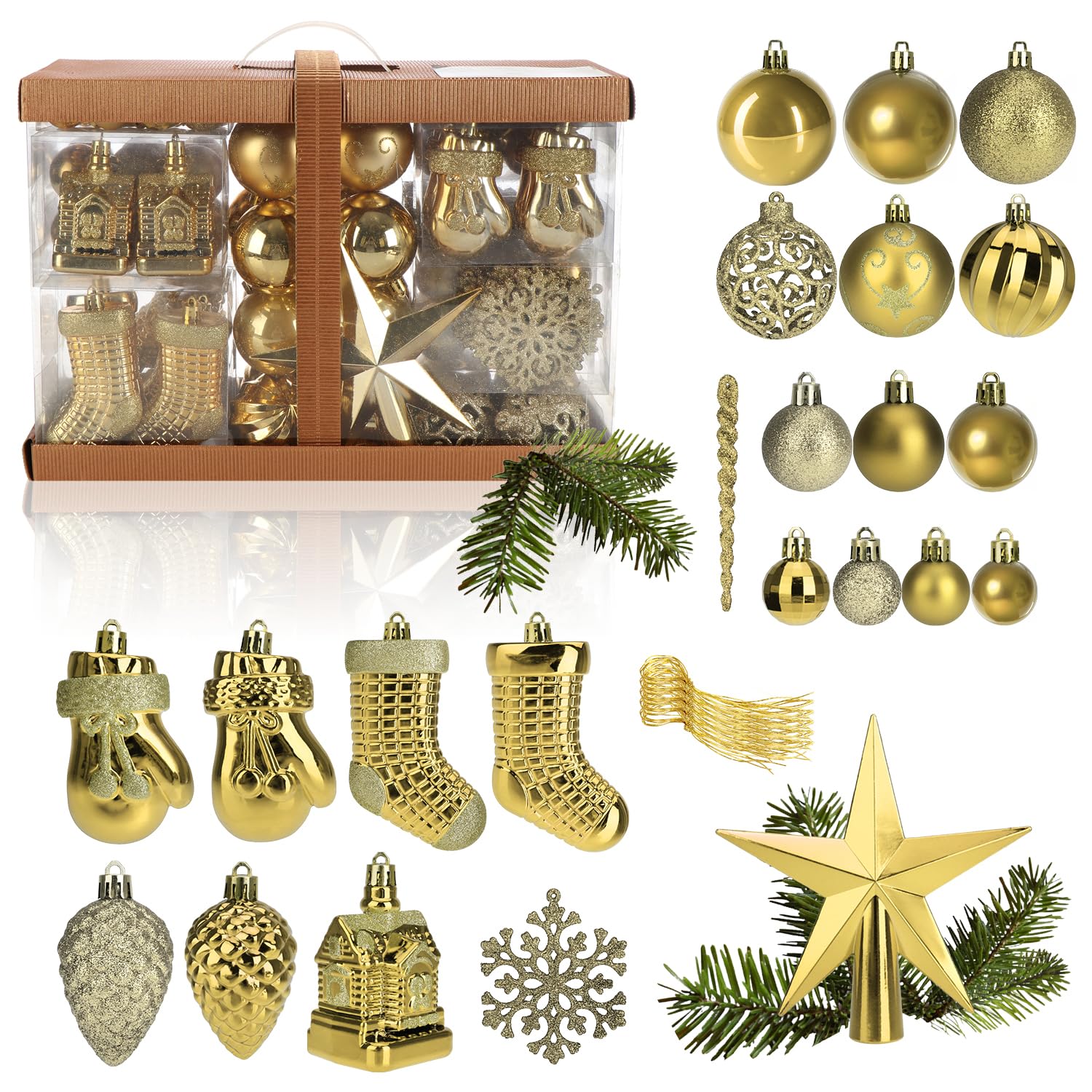 COM-FOUR® 128x Christmas balls, Christmas tree balls made of plastic for Christmas, tree decorations for the Christmas tree with pendants