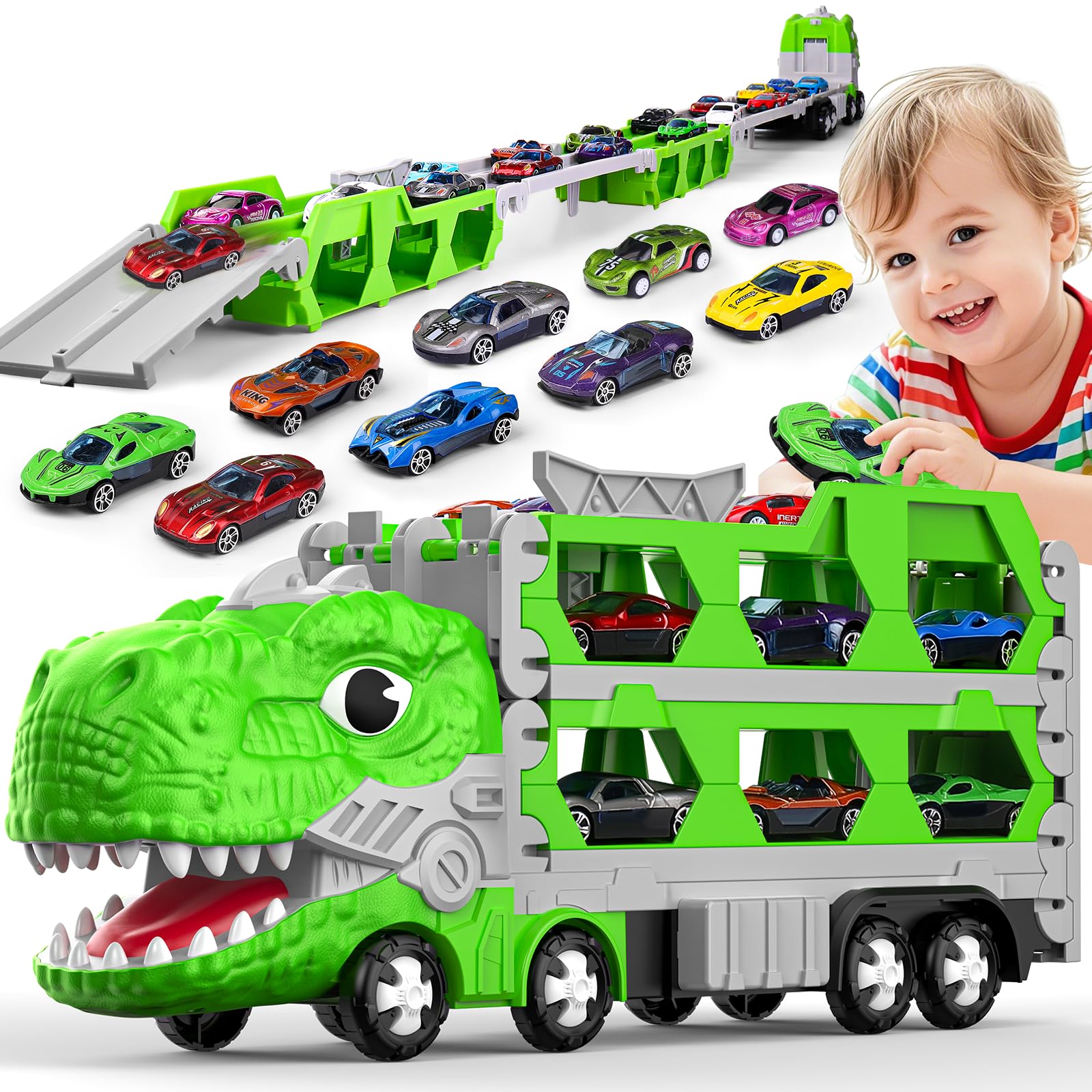 dinosaur transporter truck toys cars for kids, dino carrier truck with 6 mini racing cars,1.7 M dinosaur race track toy set for Boys age 3-7, Toy Cars for 2-6 Year Olds Boy Gift for Birthday/Christmas