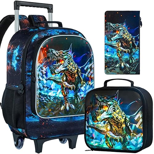 WZLVO 4PCS Rolling Backpack for Boys,Kids Dinosaur Backpacks with Roller  Wheels, Wheeled Bookbag with Lunch Box for Toddler Elementary School in