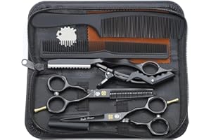 Purple Dragon 5.5 inch Hair Cutting Scissors Set with Razor, Leather Scissors Case, Barber Hair Cutting Shears Hair Thinning/Texturizing Shears for Professional Hairdresser or Home Use (Black)