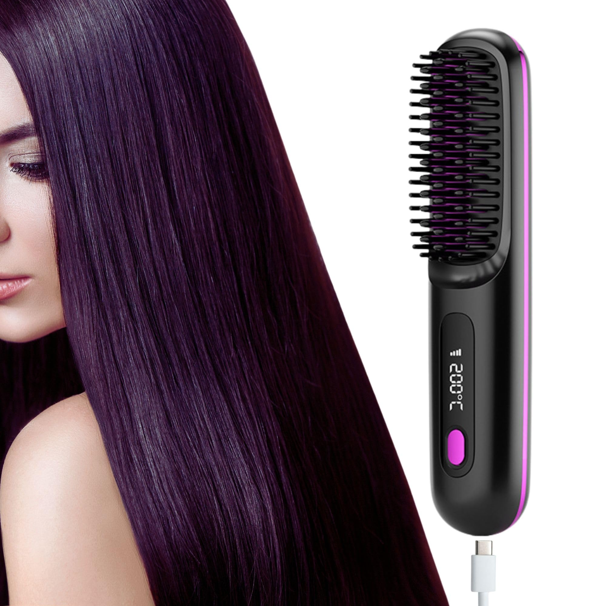 Digilams Cordless Hair Straightener Brush | Heated Hair Brush, Straightening Brush, Heated Brush for Travel | Heat Brush, Cordless Straighteners Rechargeable, 3 Heat Modes (160-200°C) (Black)
