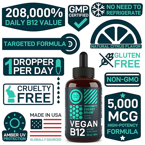 VEGAN VITAMIN B12 LIQUID DROPS – FAST-ACTING 60 X 5000MCG METHYLCOBALAMIN B12 SUPPLEMENT – ENERGY, MEMORY AND MOOD SUPPORT – HIGH-POTENCY ONE-DROPPER PER DAY – NON-GMO, NATURAL CITRUS FLAVOR – 2OZ