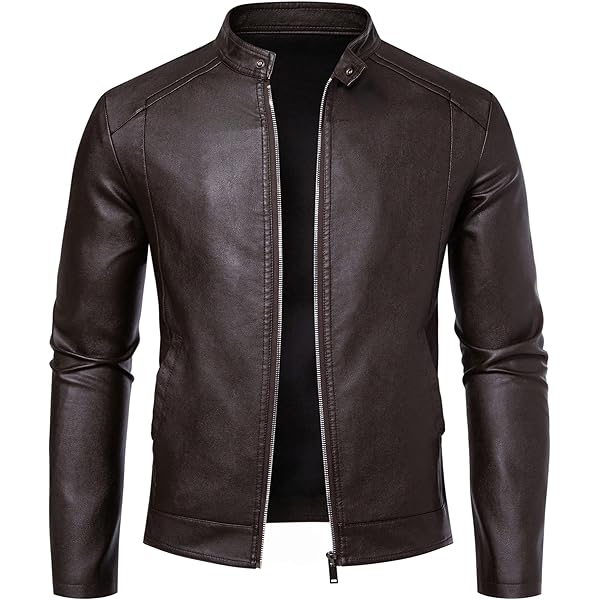 WULFUL Men's Stand Collar Leather Jacket Motorcycle Lightweight