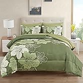 Luxudecor Floral Comforter Set King Size, 7 Pieces Bed in a Bag Olive Green Floral Comforter and Sheet Set, Soft Microfiber Green Complete Bedding Sets for All Seasons