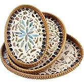 Abyjifar Oval Rattan Serving Tray with Mother of Pearl Inlay, Handwoven Boho Decor Breead Basket for Fruit Food Coffee Table Home Decor Kitchen 3 Pcs (Multi Blue)