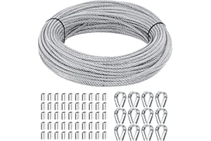 1/8 inch Wire Rope Kit, Haploon 33ft Wire Cable Rope Stainless Steel Cable Railing kit, 50 Pcs Aluminum Crimp Sleeves and 12 Pcs Thimble for Decking,Railing,DIY Outdoor Shades, Picture Hanging