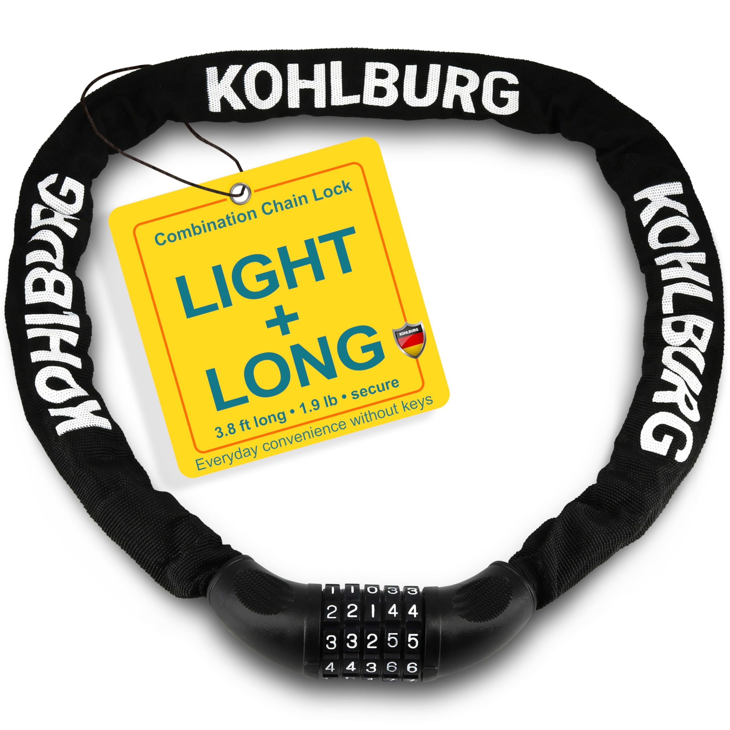 KOHLBURG Long Combination Lock 112 cm Long and 6 mm Thick with Number Code - Strong Chain Lock with Combination - Secure Bicycle Lock with Combination for Bicycle and e-Bike
