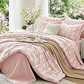 MUXHOMO Cameo Pink Full Comforter Set, Elegant Floral Print Bed in a Bag 7 Pieces, Ultra Soft & Breathable Reversible Botanical Pattern Bedding Set with Comforter, Sheets, Pillowcases, and Shams
