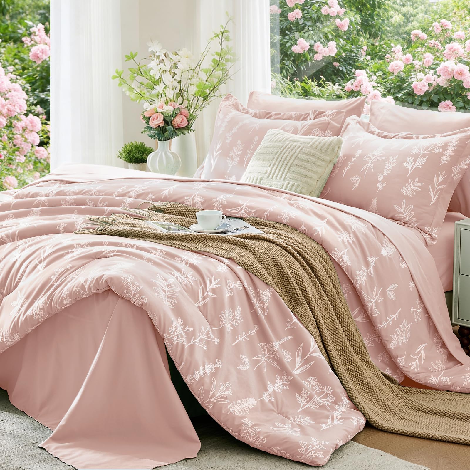MUXHOMO Cameo Pink Full Comforter Set, Elegant Floral Print Bed in a Bag 7 Pieces, Ultra Soft & Breathable Reversible Botanical Pattern Bedding Set with Comforter, Sheets, Pillowcases, and Shams Image