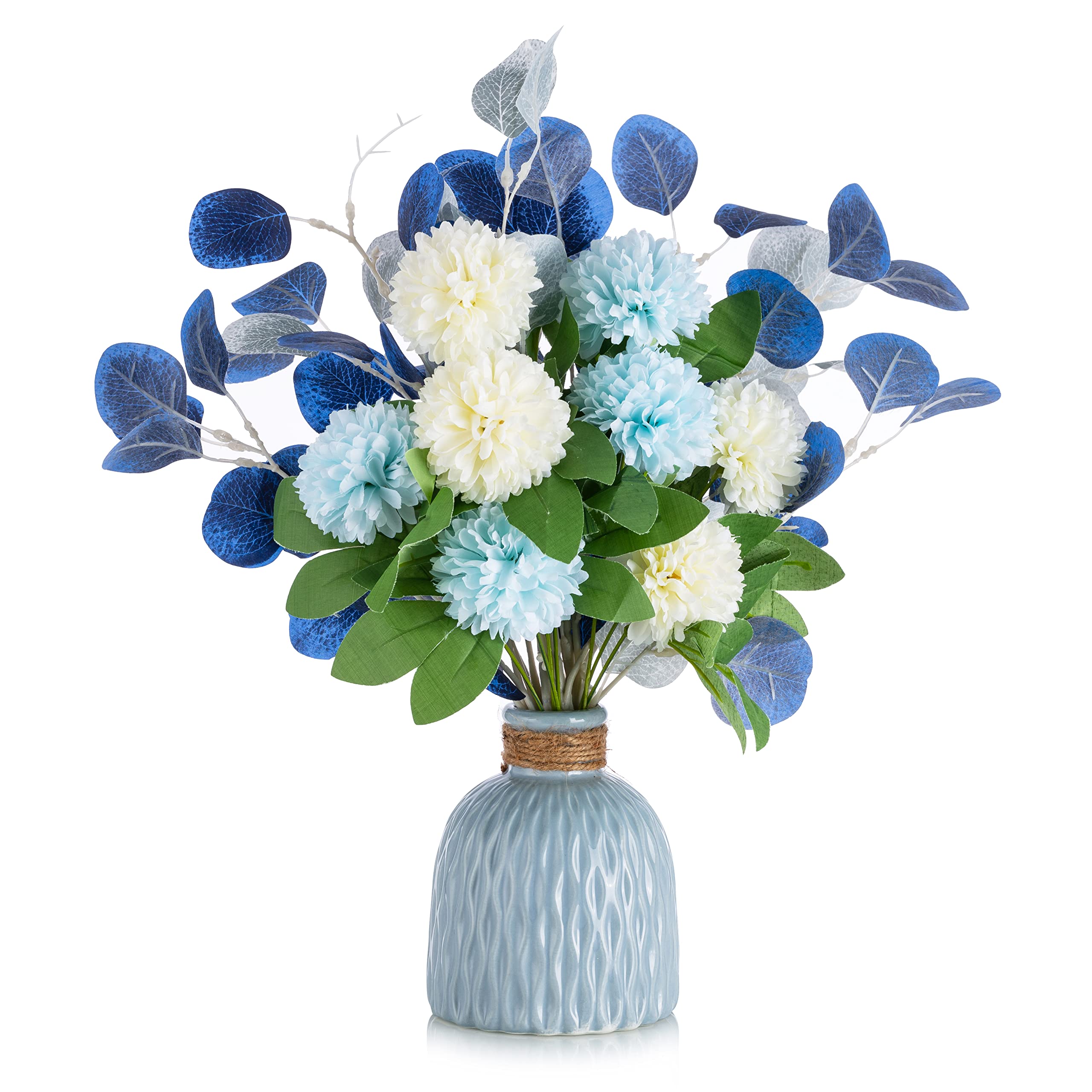 BLOSMON Fake Flowers in Vase Decoration Artificial Silk Flower Bouquet with Vases for Table Centrepiece Decor Plastic Blue Faux Floral Arrangement Display for Garden Wedding Party Living Room Window