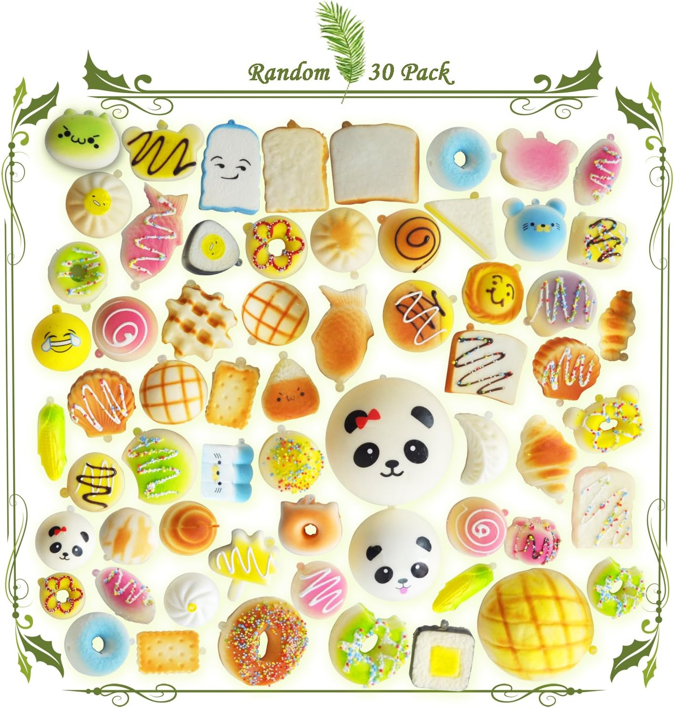 Lsushine Random Expression Variety Soft Squishy Cake Panda Bread Buns Food Toy Phone Straps (pack of 30)