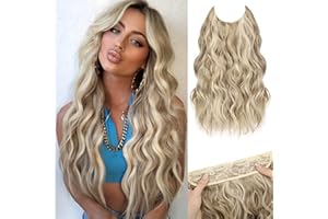 MORICA Halo Hair Extensions, 20 Inch Invisible Wire Hair Extensions Long Wavy Synthetic Hairpiece with Transparent Wire Adjustable Size, 4 Secure Clips for Women (Ash Blonde Mixed Light Blonde,20Inch)